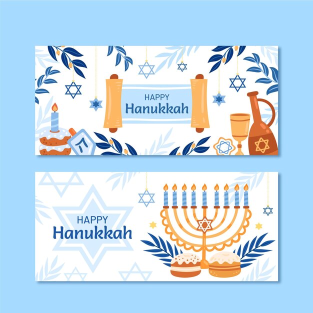 Conjunto de banners horizontales de hanukkah planos dibujados a mano