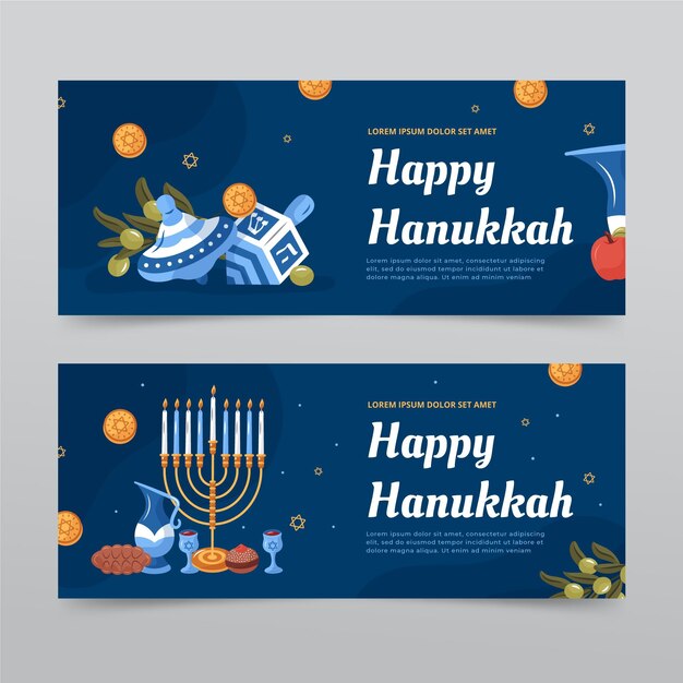 Conjunto de banners horizontales de hanukkah planos dibujados a mano