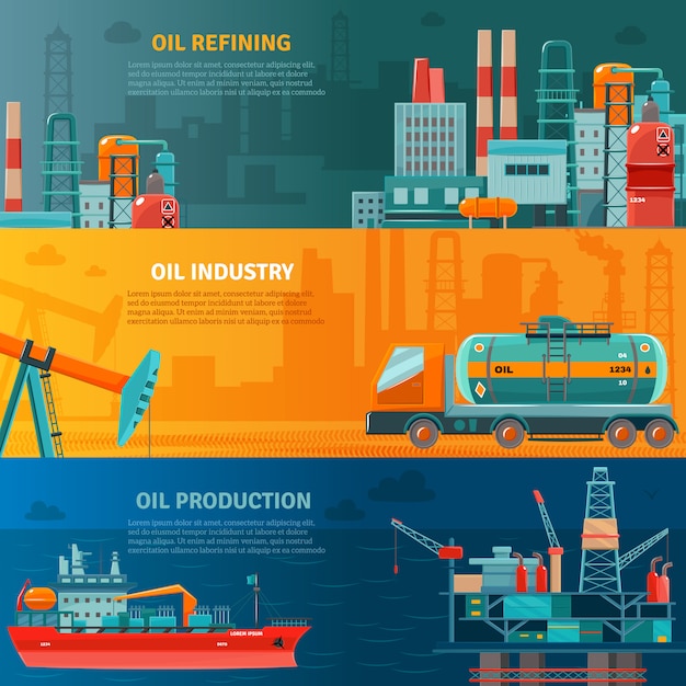 Conjunto de banners horizontales de la industria del petróleo