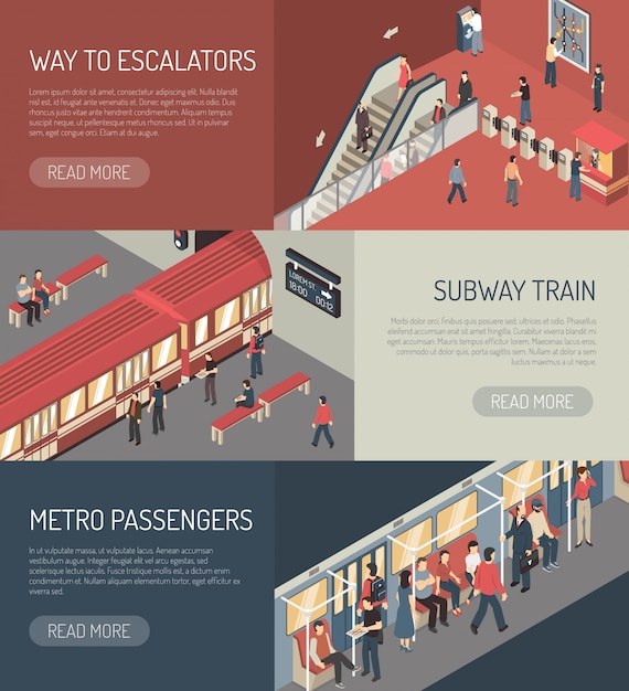 Vector gratuito conjunto de banners horizontales isométricas de ferrocarril de metro