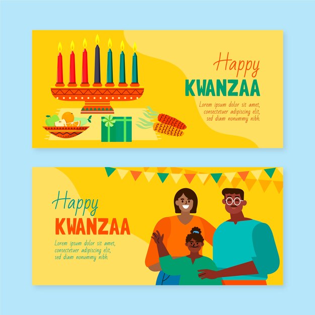 Conjunto de banners horizontales kwanzaa planos dibujados a mano