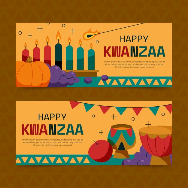 Conjunto de banners horizontales kwanzaa planos dibujados a mano