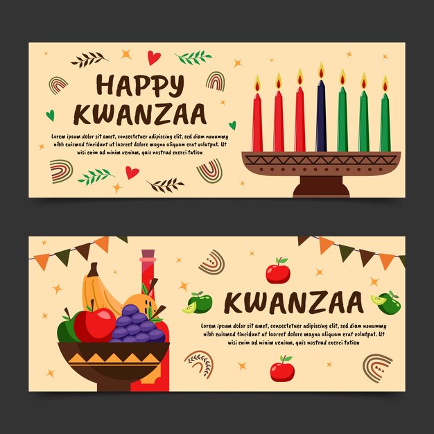 Conjunto de banners horizontales kwanzaa planos dibujados a mano