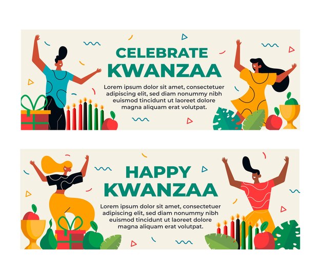 Conjunto de banners horizontales kwanzaa planos dibujados a mano