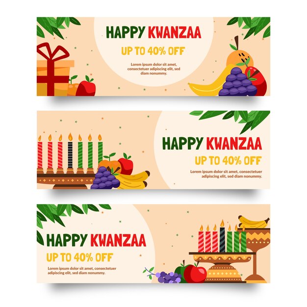 Conjunto de banners horizontales kwanzaa planos dibujados a mano