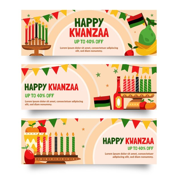 Conjunto de banners horizontales kwanzaa planos dibujados a mano