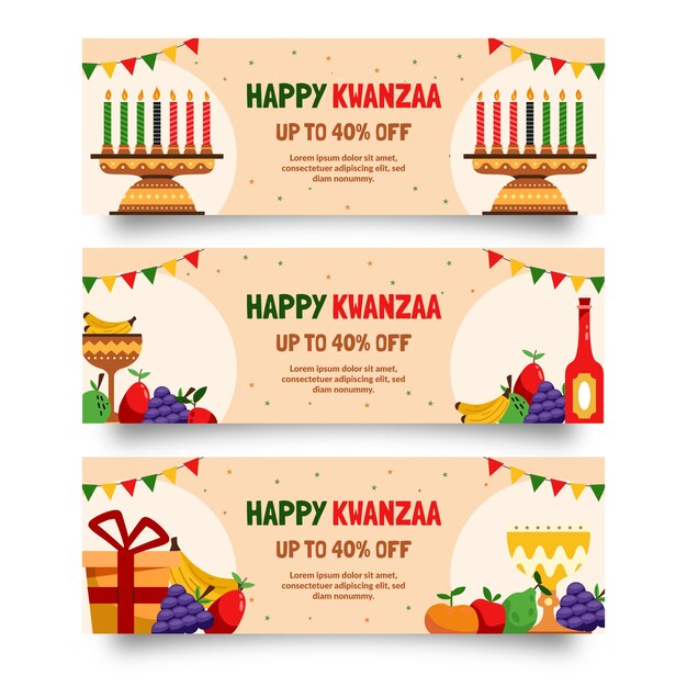 Conjunto de banners horizontales kwanzaa planos dibujados a mano