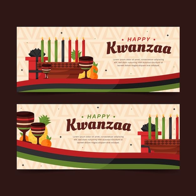 Conjunto de banners horizontales kwanzaa planos dibujados a mano