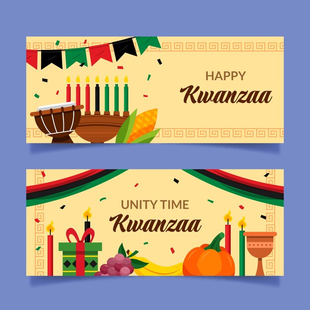 Conjunto de banners horizontales kwanzaa planos dibujados a mano