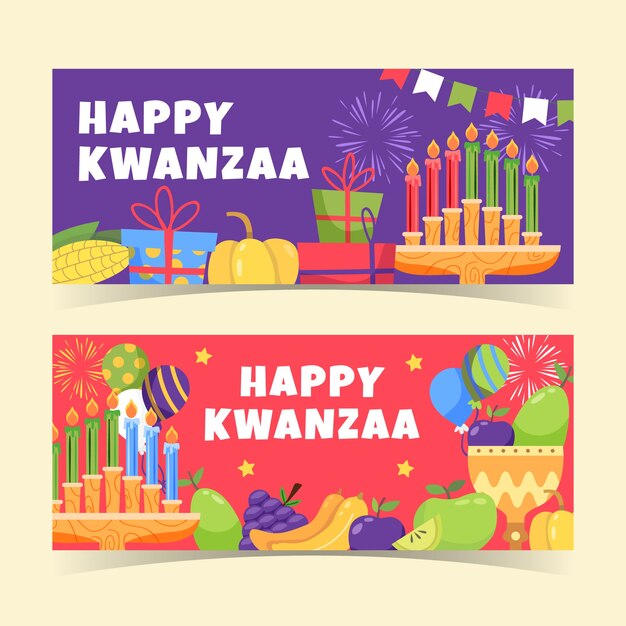 Conjunto de banners horizontales kwanzaa planos dibujados a mano