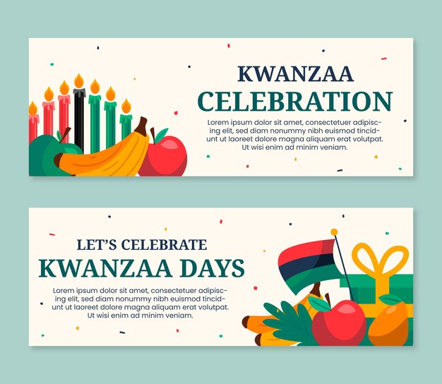 Conjunto de banners horizontales kwanzaa planos dibujados a mano