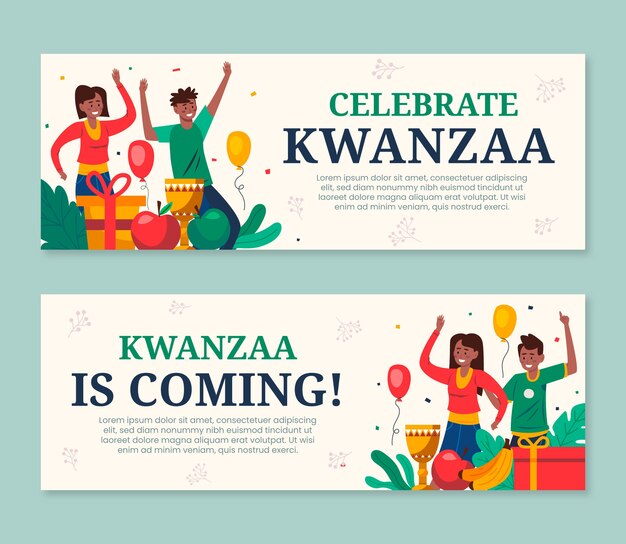 Conjunto de banners horizontales kwanzaa planos dibujados a mano