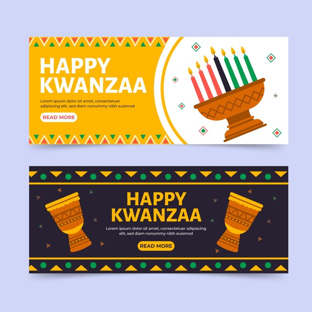 Conjunto de banners horizontales kwanzaa planos dibujados a mano