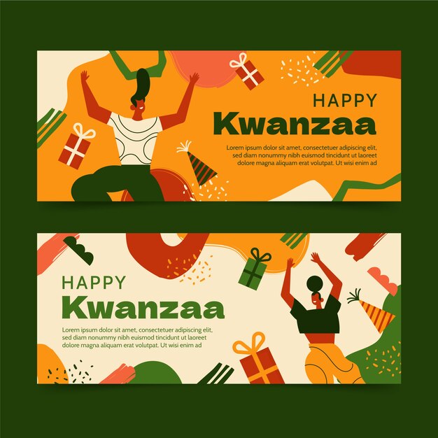 Conjunto de banners horizontales kwanzaa planos dibujados a mano