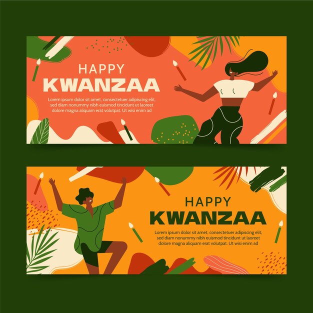 Conjunto de banners horizontales kwanzaa planos dibujados a mano