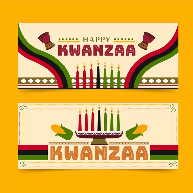 Conjunto de banners horizontales kwanzaa planos dibujados a mano