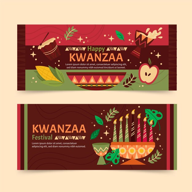 Conjunto de banners horizontales kwanzaa planos dibujados a mano