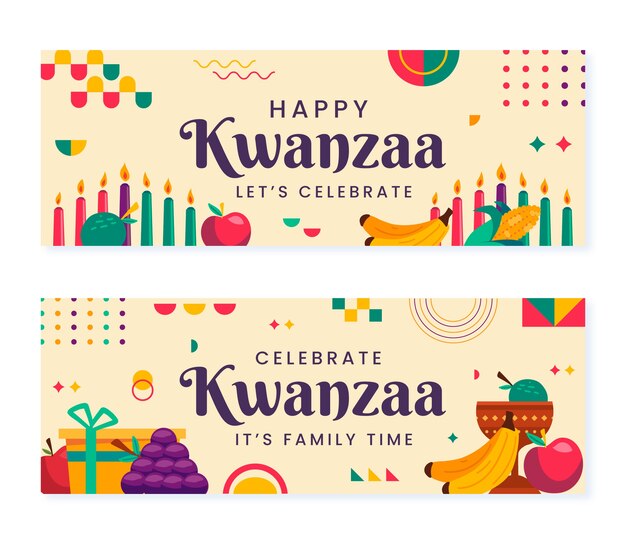 Conjunto de banners horizontales kwanzaa planos dibujados a mano