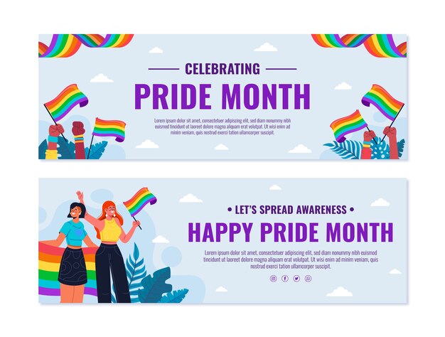 Conjunto de banners horizontales lgbt del mes del orgullo plano