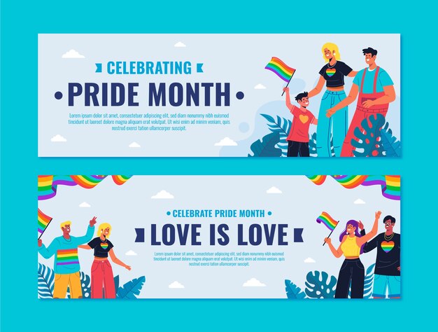 Conjunto de banners horizontales lgbt del mes del orgullo plano