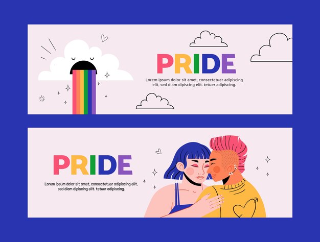 Conjunto de banners horizontales lgbt del mes del orgullo plano