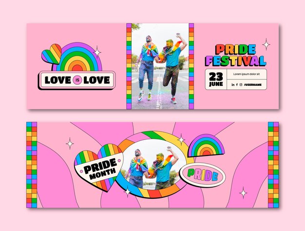Conjunto de banners horizontales lgbt del mes del orgullo plano