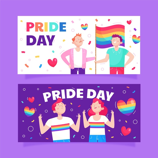 Conjunto de banners horizontales lgbt del mes del orgullo plano