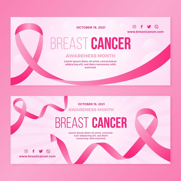 Vector gratuito conjunto de banners horizontales del mes de concientización sobre el cáncer de mama degradado