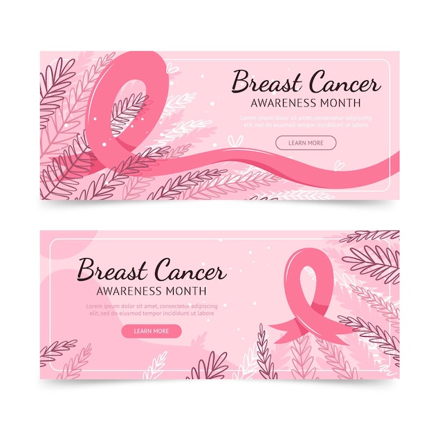 Vector gratuito conjunto de banners horizontales del mes de concientización sobre el cáncer de mama dibujados a mano