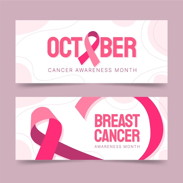 Vector gratuito conjunto de banners horizontales del mes de concientización sobre el cáncer de mama plano dibujado a mano