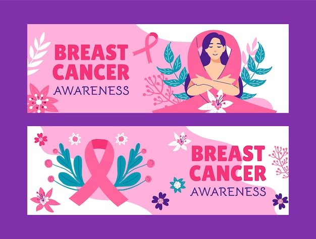 Conjunto de banners horizontales del mes de concientización sobre el cáncer de mama plano