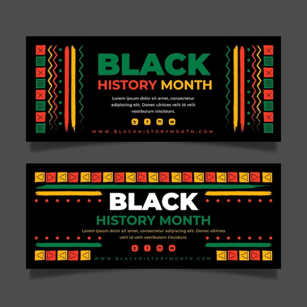 Conjunto de banners horizontales de mes de historia negro plano dibujado a mano