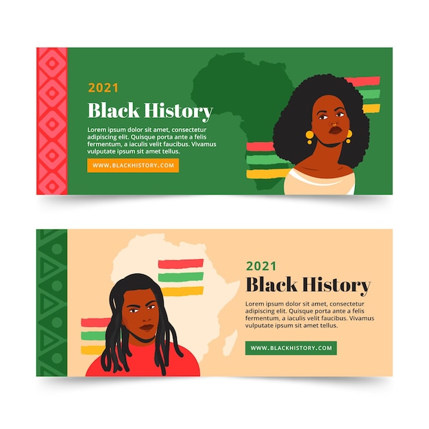 Conjunto de banners horizontales de mes de historia negro plano dibujado a mano