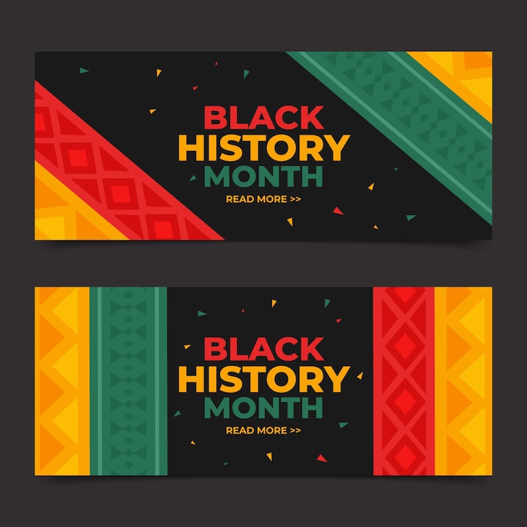 Vector gratuito conjunto de banners horizontales de mes de historia negro plano dibujado a mano