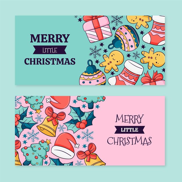 Conjunto de banners horizontales navideños dibujados a mano