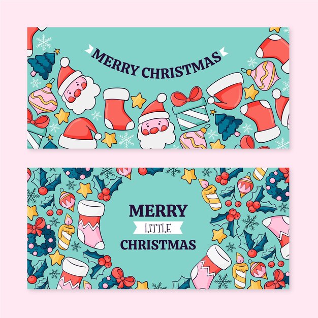 Conjunto de banners horizontales navideños dibujados a mano