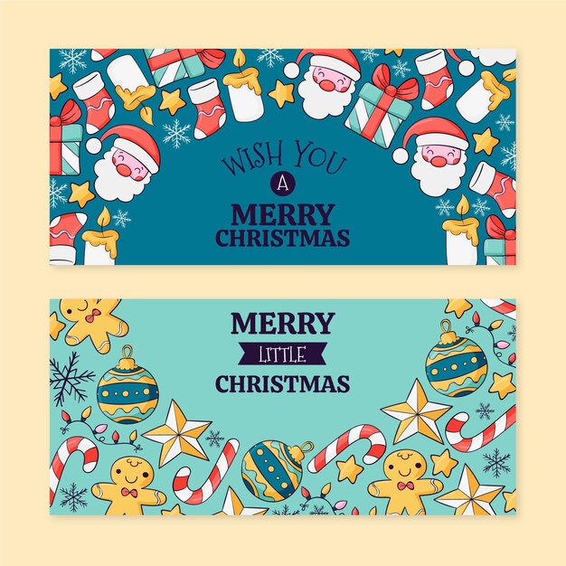 Conjunto de banners horizontales navideños dibujados a mano