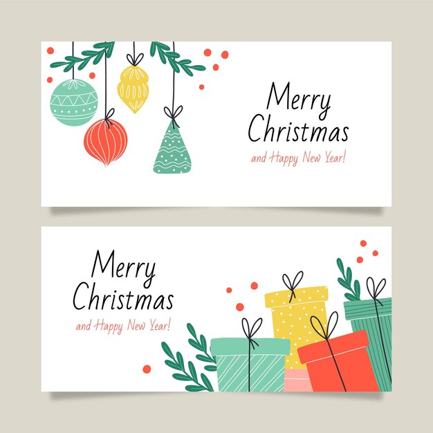 Conjunto de banners horizontales navideños dibujados a mano