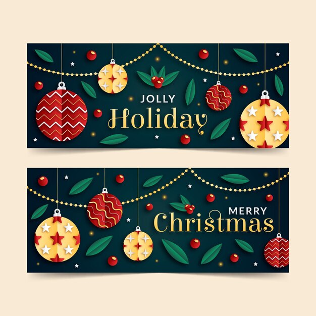 Conjunto de banners horizontales navideños estilo papel