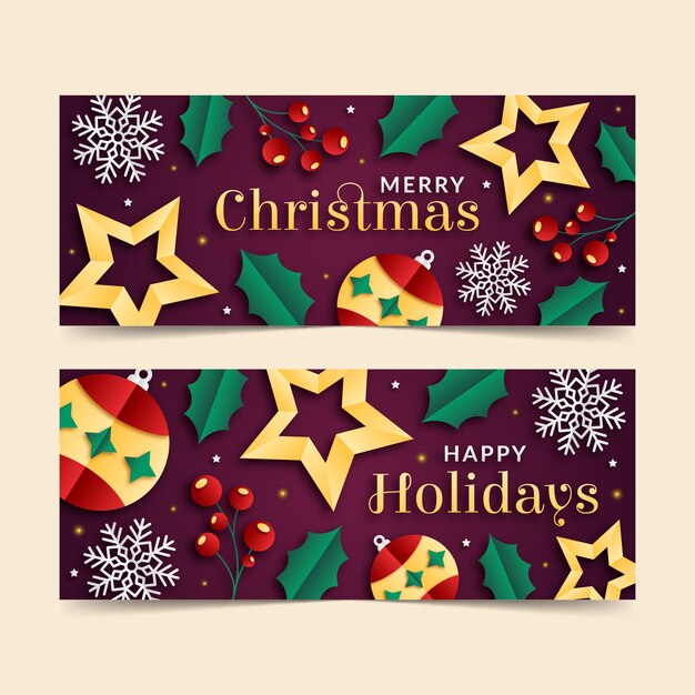 Conjunto de banners horizontales navideños estilo papel