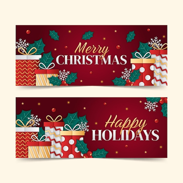 Conjunto de banners horizontales navideños estilo papel
