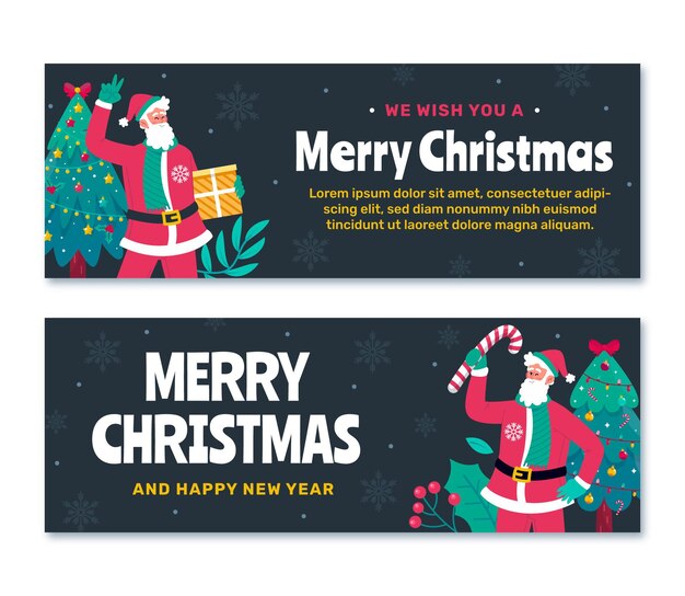Conjunto de banners horizontales navideños planos dibujados a mano