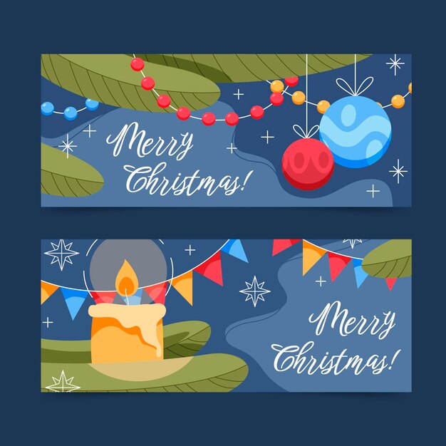 Conjunto de banners horizontales navideños planos dibujados a mano