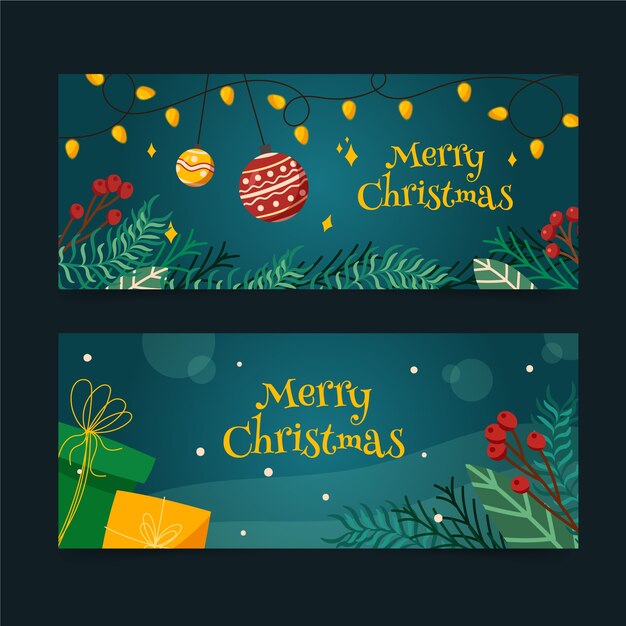 Conjunto de banners horizontales navideños planos dibujados a mano