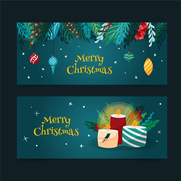 Conjunto de banners horizontales navideños planos dibujados a mano