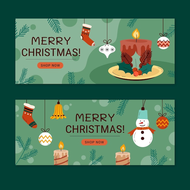 Conjunto de banners horizontales navideños planos dibujados a mano