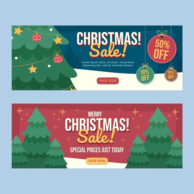Conjunto de banners horizontales navideños planos dibujados a mano
