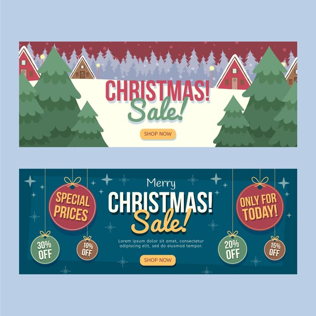 Conjunto de banners horizontales navideños planos dibujados a mano