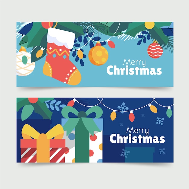 Conjunto de banners horizontales navideños planos dibujados a mano