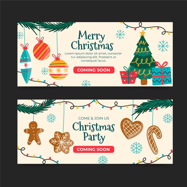 Conjunto de banners horizontales navideños planos dibujados a mano